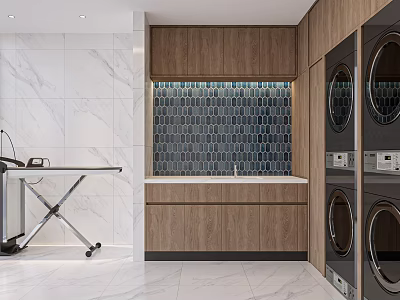Laundry Room With Wooden Cabinets Marble Tiles Washing Machine And Ironing Board 3d model