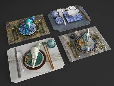 Stylish Tableware Set With Patterned Plates Bowls Cups Chopsticks Knives Forks And Placemats 3d model