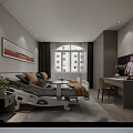Modern Hospital Room Interior With Adjustable Bed TV Nightstand Curtains And Wooden Floor
