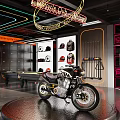 Harley Davidson Bar Interior With Motorcycle On Circular Platform Pool Table And Merchandise Shelves