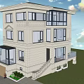 Two Story Detached Villa Exterior Design With Windows Stairs And Garden Plants