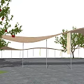 Modern Curved Outdoor Pergola with Trees Shading People in Plaza Gathering Area