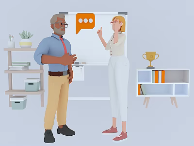Game and Movie Characters Male Female Discussing in Office With Whiteboard Dialogue Icon Trophy Plants 3d model