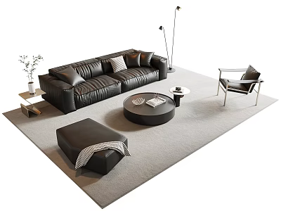 Modern Black Leather Sofa and Coffee Table Set with Ottoman Floor Lamp and Armchair 3d model