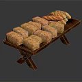 Golden Square Pastries and Twisted Bread Rolls Arranged on Wooden Tray