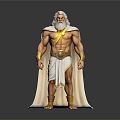 Mythological God Statue White Hair Beard Muscular Build Robe Golden Belt Sandals Lightning Bolt