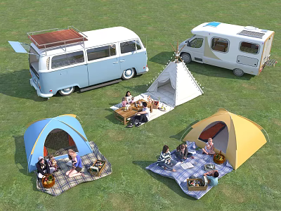 Scenic Camping Site With Camper Vans Colorful Tents And Teepee For Outdoor Picnic 3d model