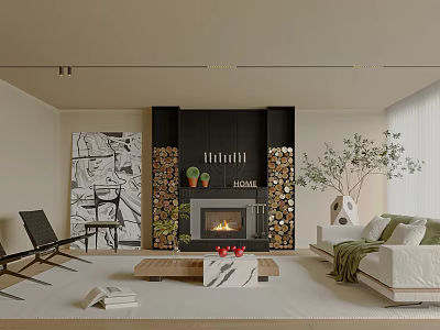Contemporary Living Room With Black Fireplace Marble Coffee Table White Sofa And Artwork 3d model