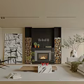 Contemporary Living Room With Black Fireplace Marble Coffee Table White Sofa And Artwork