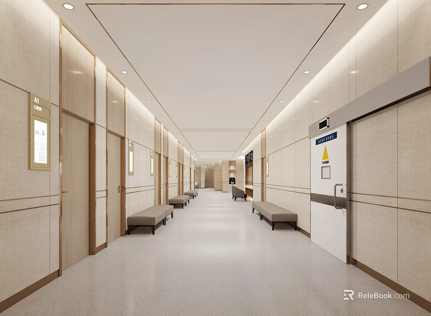 Hospital Outpatient Clinic Corridor Interior With Waiting Benches And Bright Lighting 3d model 
