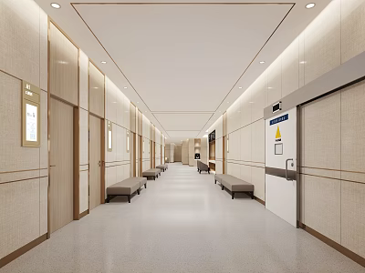 Hospital Outpatient Clinic Corridor Interior With Waiting Benches And Bright Lighting 3d model