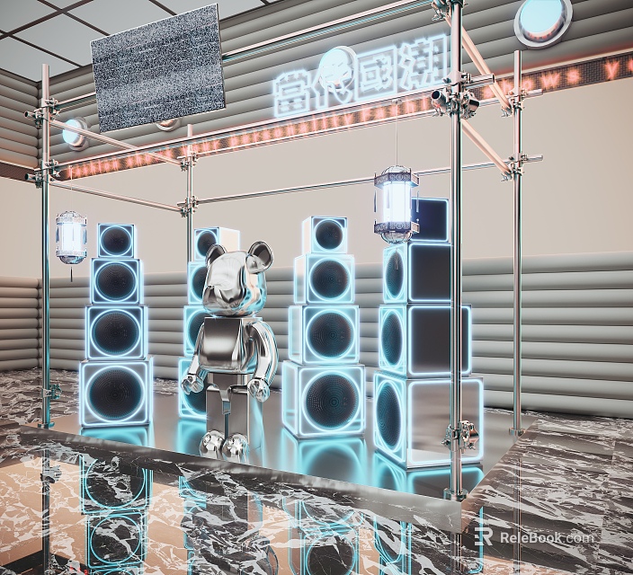 Modern Window Display Featuring Silver Robot Blue Glowing Speakers Metal Frame And Neon Lights 3d model 