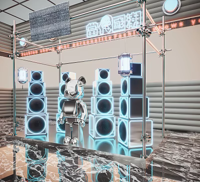 Modern Window Display Featuring Silver Robot Blue Glowing Speakers Metal Frame And Neon Lights 3d model