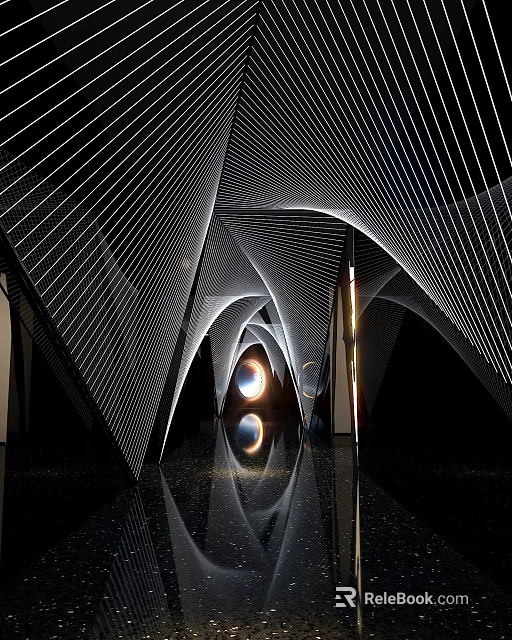 Modern KTV Interior With Stylish Curved Light Structures And Reflective Floor Design 3d model