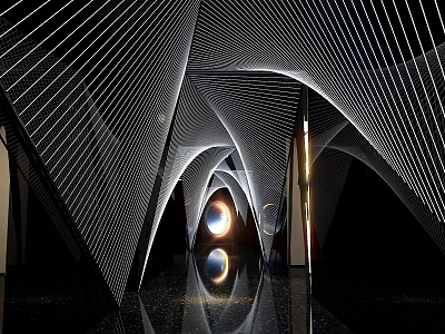 Modern KTV Interior With Stylish Curved Light Structures And Reflective Floor Design 3d model