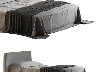Modern Double Bed With Gray Bed Sheets And Soft Blanket Simple Headboard Design 3d model