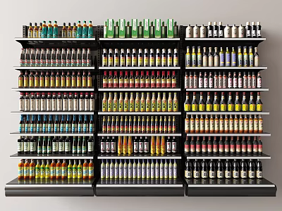 Neatly Organized Retail Display Shelves Stocked with Various Colored Bottled Products 3d model