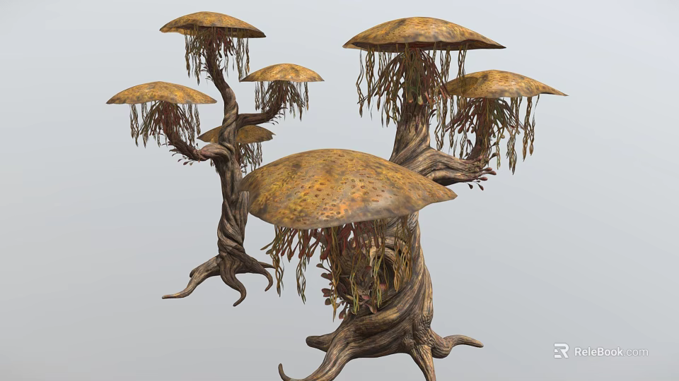 Unique Mushroom Like Plants With Multiple Umbrella Shaped Caps Twisted Trunks And Hanging Tendrils 3d model 