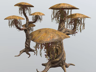 Unique Mushroom Like Plants With Multiple Umbrella Shaped Caps Twisted Trunks And Hanging Tendrils 3d model