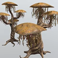 Unique Mushroom Like Plants With Multiple Umbrella Shaped Caps Twisted Trunks And Hanging Tendrils