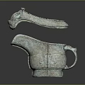 Ancient Bronze Wine Cup And Bottle With Open Lid Intricate Carvings And Handle Design