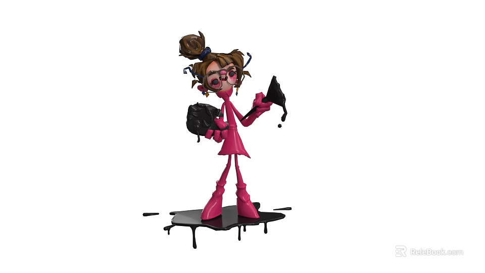 Cartoon Woman in Pink Outfit with Brown Bun Glasses Holding Black Paintbrush Palette and Splatters 3d model 