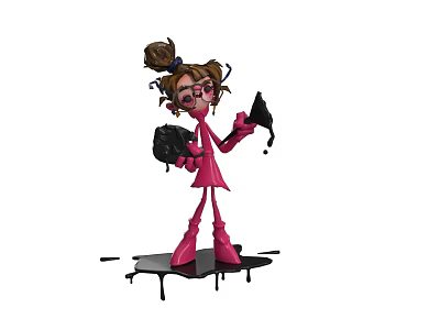 Cartoon Woman in Pink Outfit with Brown Bun Glasses Holding Black Paintbrush Palette and Splatters 3d model