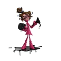 Cartoon Woman in Pink Outfit with Brown Bun Glasses Holding Black Paintbrush Palette and Splatters
