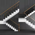Modern Staircase Design With White Steps Black Gold Railings Dark Walls And Wooden Flooring