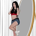 Woman In Red Crop Top And Denim Shorts Posing By Round Mirror With Reflection