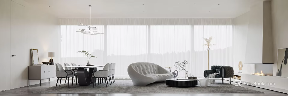 Modern Living Dining Room Interior With White Sofa Table Pendant Light Large Windows And Curtains 3d model 