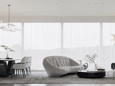 Modern Living Dining Room Interior With White Sofa Table Pendant Light Large Windows And Curtains 3d model