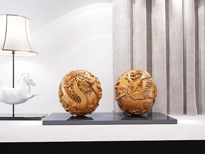 Decorative Ornament Set with Carved Round Dragon Phoenix Black Base White Horse Statue and Lamp 3d model