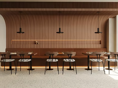 Modern Restaurant Interior Design With Wooden Wall Pendant Lights Dining Tables And Terrazzo Floor 3d model