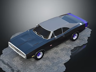 Classic Dark Blue Muscle Car With Gray Roof And Purple Rims On Gravel Surface 3d model