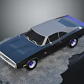 Classic Dark Blue Muscle Car With Gray Roof And Purple Rims On Gravel Surface