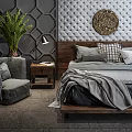 Background Double Bed with Wooden Headboard Tufted Wall Circular Plate Gray Plaid Pillows Green Plant