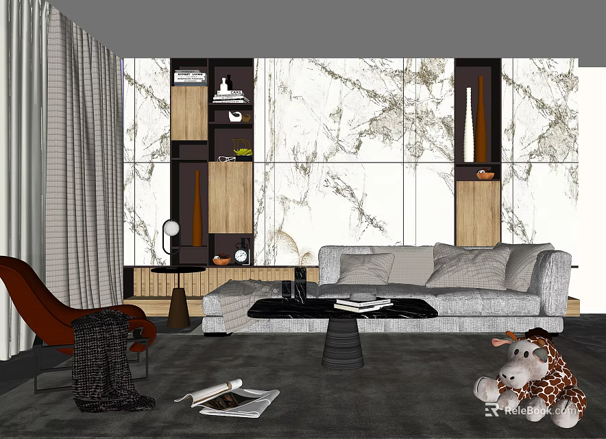 Modern Light Gray Sofa and Black Coffee Table Set with Marble Wall and Wooden Decor 3d model 