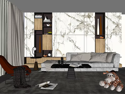 Modern Light Gray Sofa and Black Coffee Table Set with Marble Wall and Wooden Decor 3d model