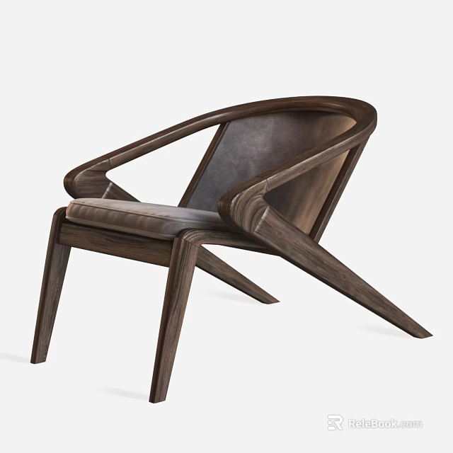 Modern Wooden Leisure Chair With Curved Armrests And Leather Cushion Design 3d model 
