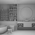 Modern Bathroom Interior With Marble Walls Round Mirror Black Bathtub White Toilet And Storage Shelves