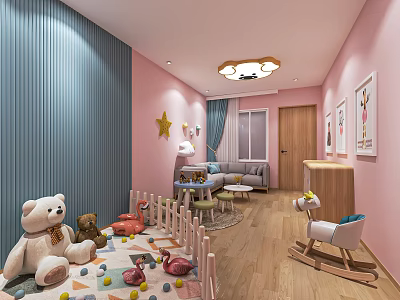 School Children's Activity Room With Pink Blue Decor Stuffed Toys And Rocking Horse 3d model