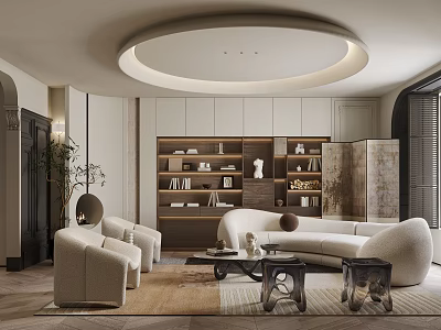 Modern Sophisticated Living Room Interior Design With Circular Ceiling Light Sofa Armchairs And Bookshelves 3d model