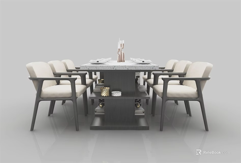 Modern Dining Table Set With Marble Top Six Light Upholstered Chairs Dark Frame Shelf Base 3d model 