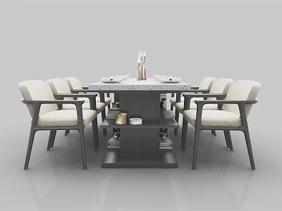 Modern Dining Table Set With Marble Top Six Light Upholstered Chairs Dark Frame Shelf Base 3d model