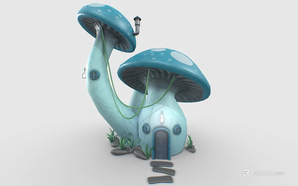 Cartoon Scene Featuring Blue Mushroom House With Two Caps Small Lamp Door Steps And Grass 3d model 