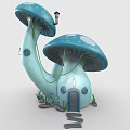 Cartoon Scene Featuring Blue Mushroom House With Two Caps Small Lamp Door Steps And Grass