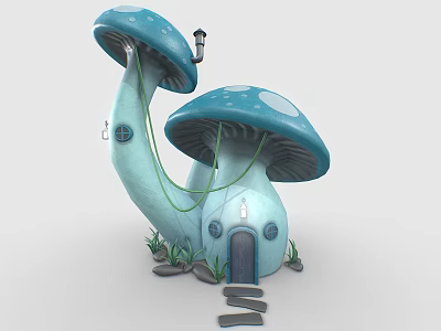 Cartoon Scene Featuring Blue Mushroom House With Two Caps Small Lamp Door Steps And Grass 3d model