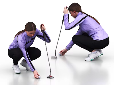 Women In Purple Athletic Tops Squatting To Adjust Golf Ball With Clubs 3d model