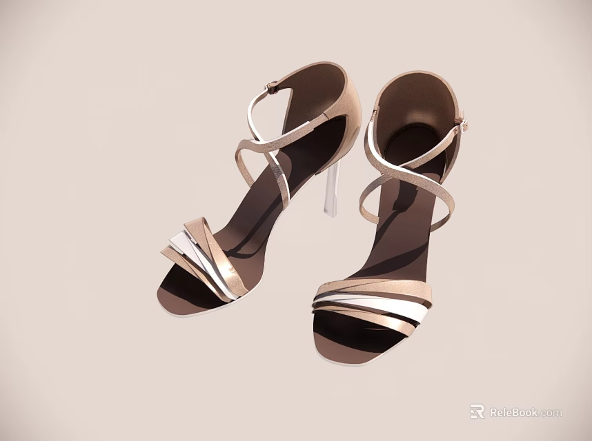 Elegant Women's Beige Strappy High Heels with Cross Straps and Slim Heel 3d model 